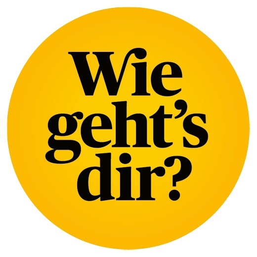 Schwarzer Schriftzug "Wie geht’s dir?" vor gelbem Hintergrund.