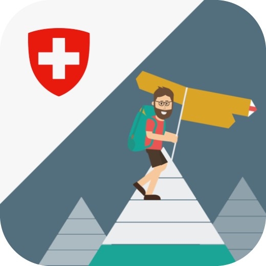 Wanderer erklimmt Lebensmittelpyramide und orientiert sich an Wegweiser.  Das Schweizer Wappen links im Bild verweist auf die Schweizer Herkunft der App. 