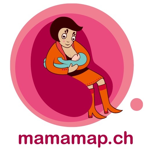 Breastfeeding mother drawn as a comic figure sitting on a pink armchair. The background is pink and berry red.