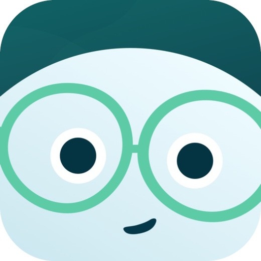 Head of a comic character with round green glasses on a dark-green background