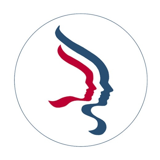 Silhouette of head from side in red and blue on a white background