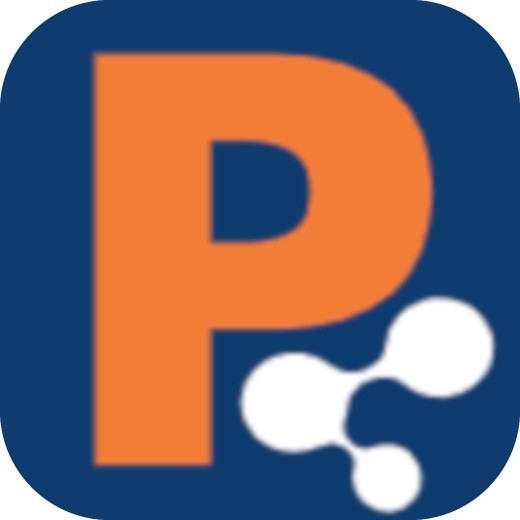 Orange ‘P’ on a blue background and three white circles at the bottom right that are connected by lines