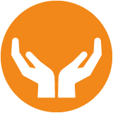 Logo zwei offene Hände auf orangem Ball