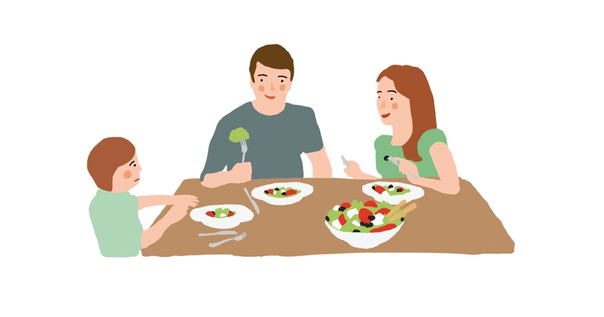 La table familiale: une famille partage un repas.