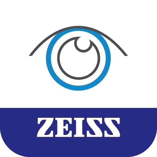Un occhio su uno sfondo bianco sovrasta la scritta «Zeiss» in bianco su sfondo blu