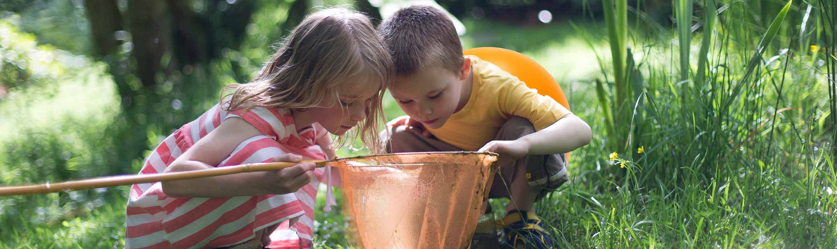 Due bambini osservano animali e piante nella rete di sicurezza
